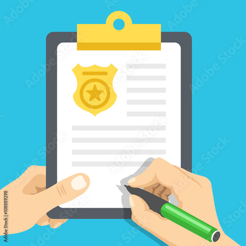 Police report. Traffic, parking fine, citation, crime report, problems with police, subpoena concepts. Flat vector illustration