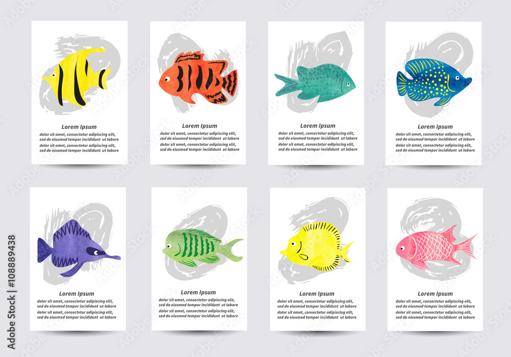 Set of watercolor tropical fish. Collection of card templates for design. Vector illustration. 