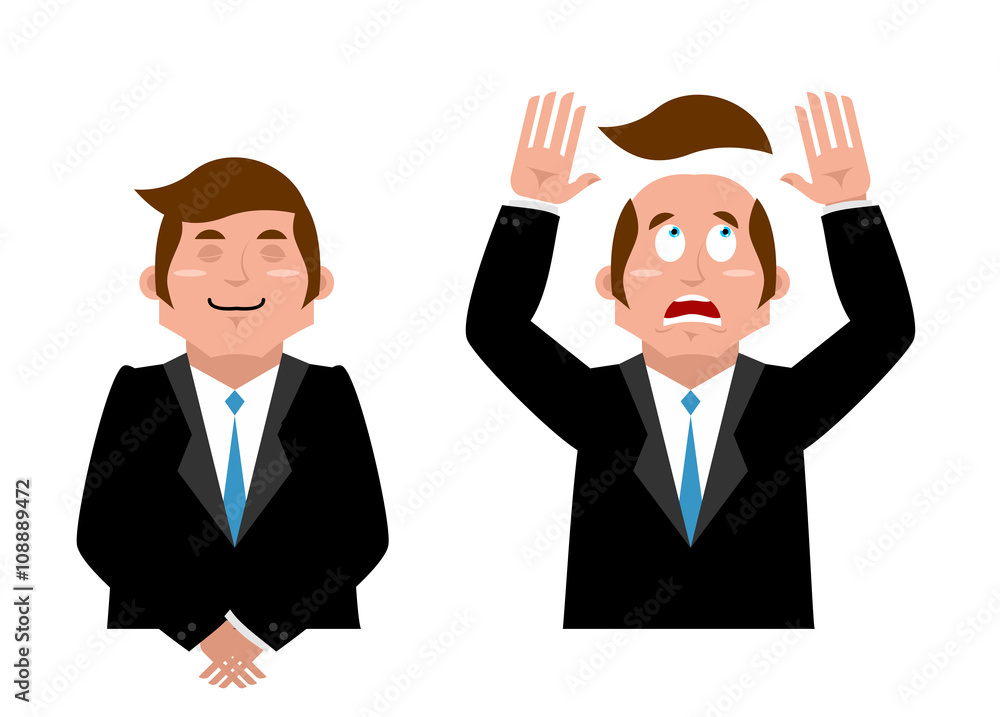 Businessman set. Joyful man in suit. Man and wig. Scared manager Businessman set. Joyful man in suit. Man and wig. Scared manager