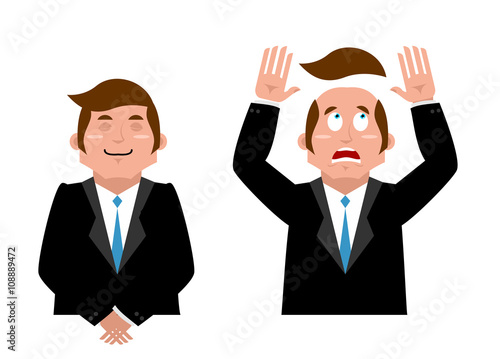 Businessman set. Joyful man in suit. Man and wig. Scared manager