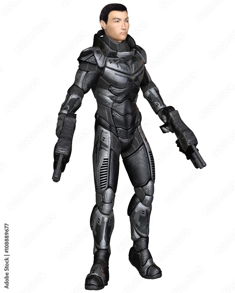 Science fiction illustration of an Asian male future soldier in protective armoured space suit, standing holding pistols, 3d digitally rendered illustration