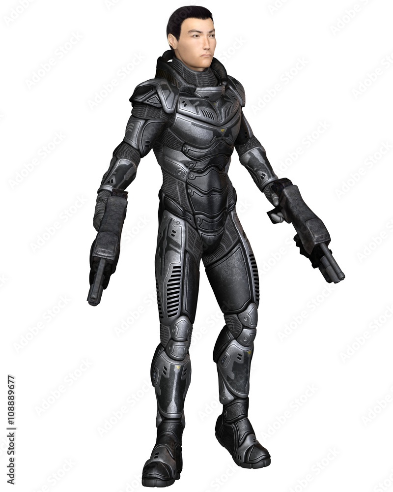 Science fiction illustration of an Asian male future soldier in protective armoured space suit, standing holding pistols, 3d digitally rendered illustration Science fiction illustration of an Asian male future soldier in protective armoured space suit, standing holding pistols, 3d digitally rendered illustration