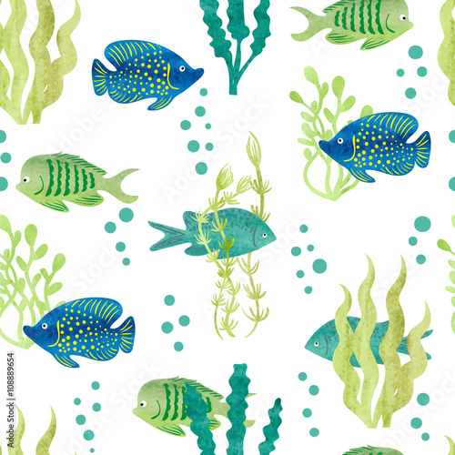 Watercolor fish seamless pattern. Tropical fish and seaweeds on white background. Vector. 