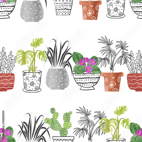 Hand drawn watercolor house plants in the pots. Seamless pattern. Vector background. 