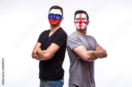 Russia vs England before game on white background. European football fans concept.