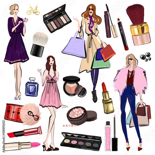 Hand drawn set with cosmetics and accessories