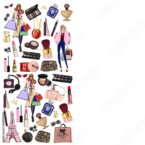 Hand drawn set with cosmetics and accessories