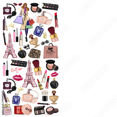 Hand drawn set with cosmetics and accessories