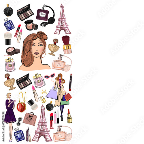 Hand drawn set with cosmetics and accessories