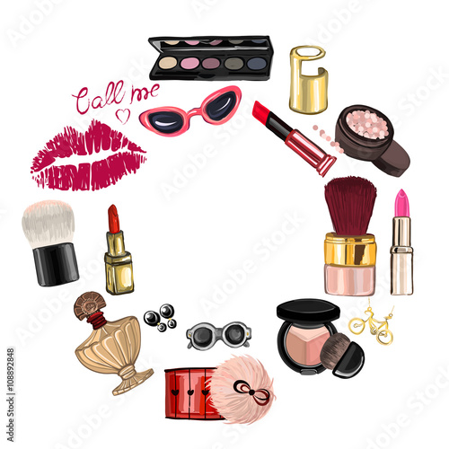 Hand drawn set with cosmetics and accessories