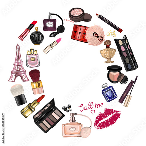 Hand drawn set with cosmetics and accessories