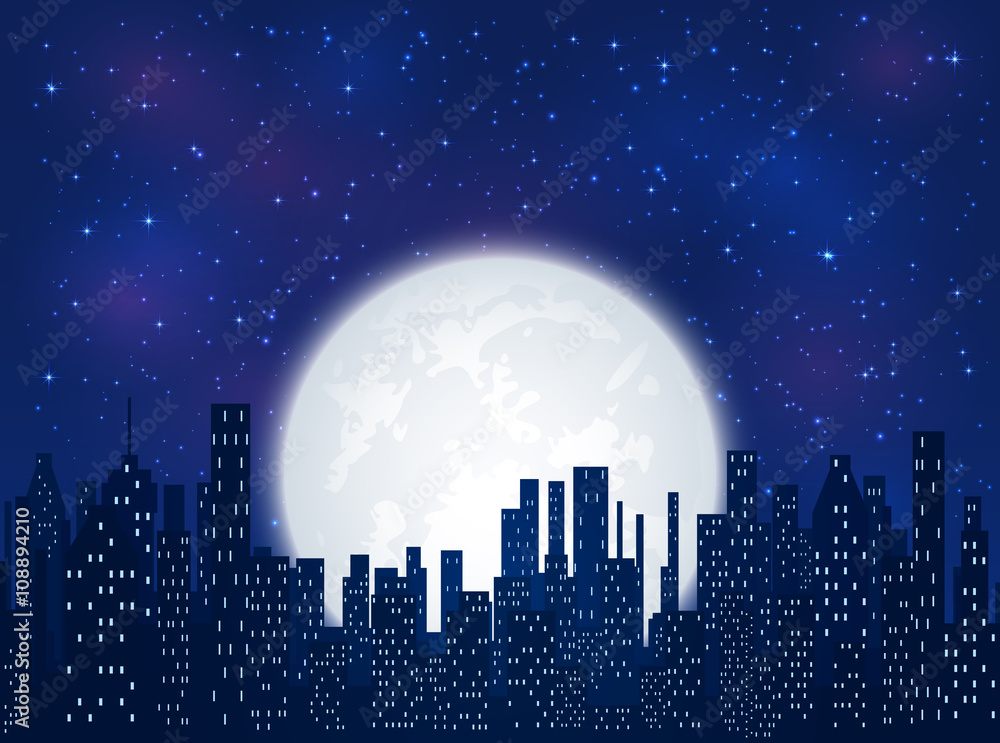 Night city on Moon background