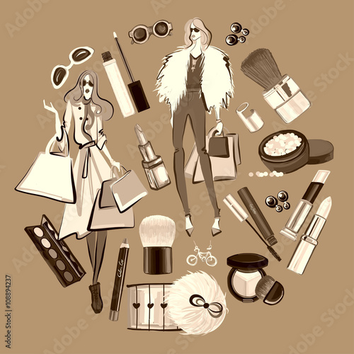 Hand drawn set with cosmetics and accessories 