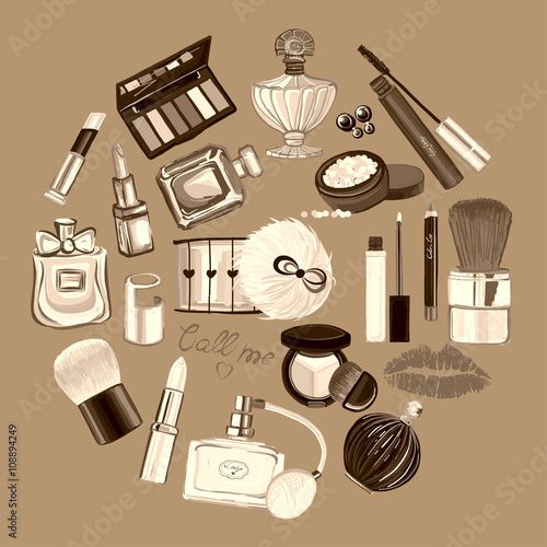 Hand drawn set with cosmetics and accessories 