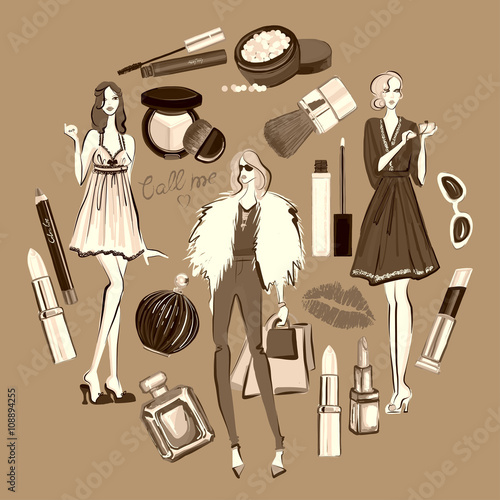 Hand drawn set with cosmetics and accessories 