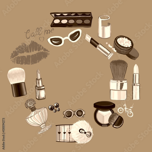 Hand drawn set with cosmetics and accessories 