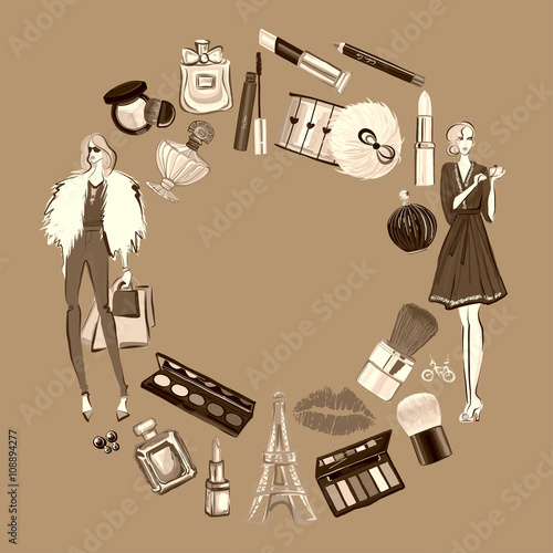 Hand drawn set with cosmetics and accessories 
