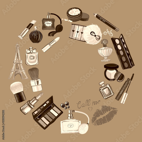 Hand drawn set with cosmetics and accessories 