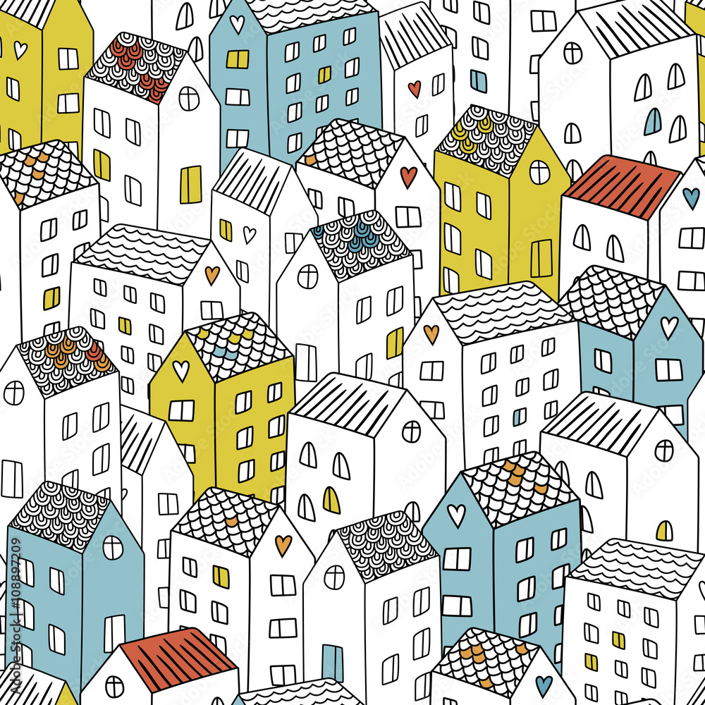 Vector seamless pattern with houses. Background can be used for textile design, web page background, surface textures, wallpaper
