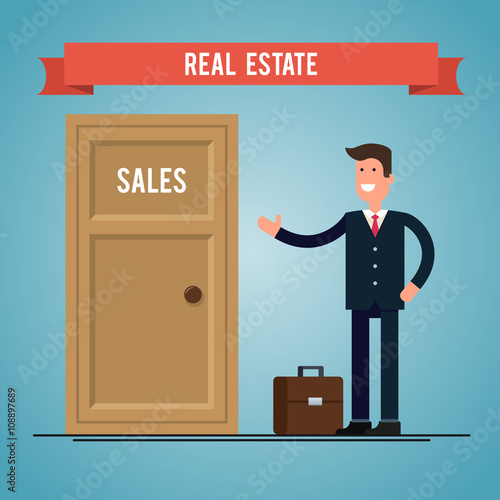 Real estate agent near the door bought apartments. Flat illustration
