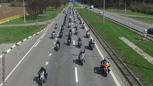 BELARUS, MINSK - April 23, 2016: Motorcycle Season opening parade with thousands of bikers on the road. Panoramic top view.