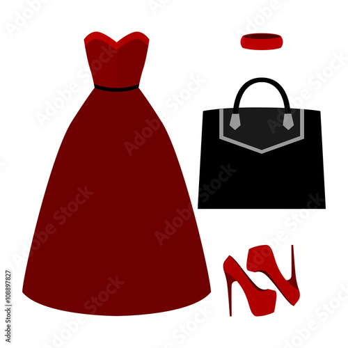 Set of trendy women's clothes with dress and accessories. Vector illustration