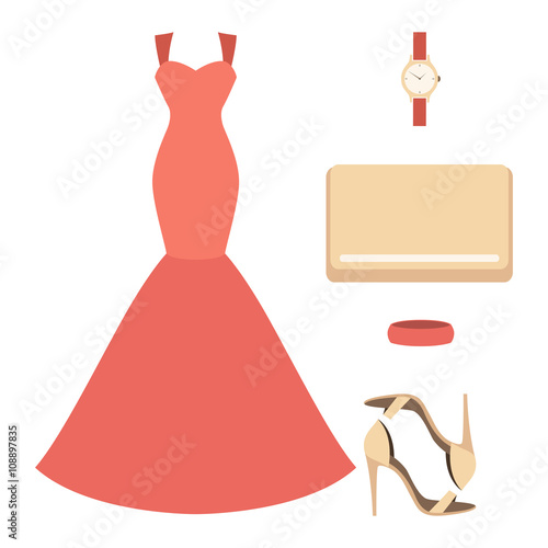 Set of trendy women's clothes with dress and accessories. Vector illustration