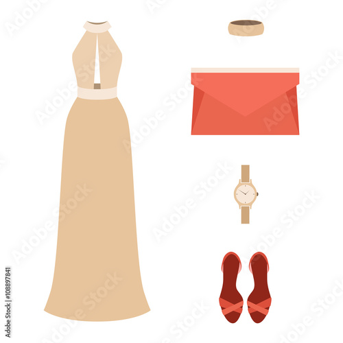 Set of trendy women's clothes with dress and accessories. Vector illustration