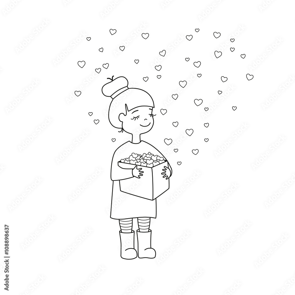 Vector black contour of nice little girl with box of hearts Vector black contour of nice little girl with box of hearts