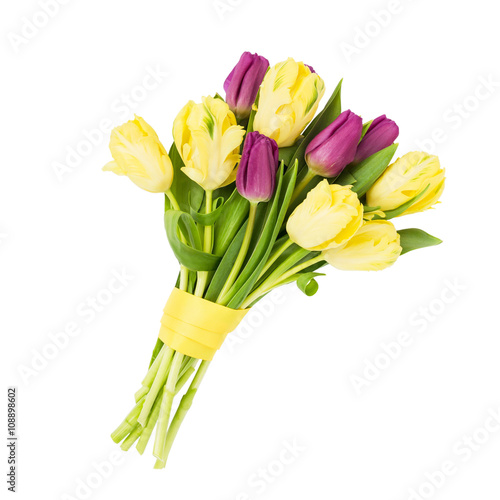 Fototapeta Naklejka Na Ścianę i Meble -  Bouquet of yellow and pink tulips decorated with yellow ribbon, isolated over white background 