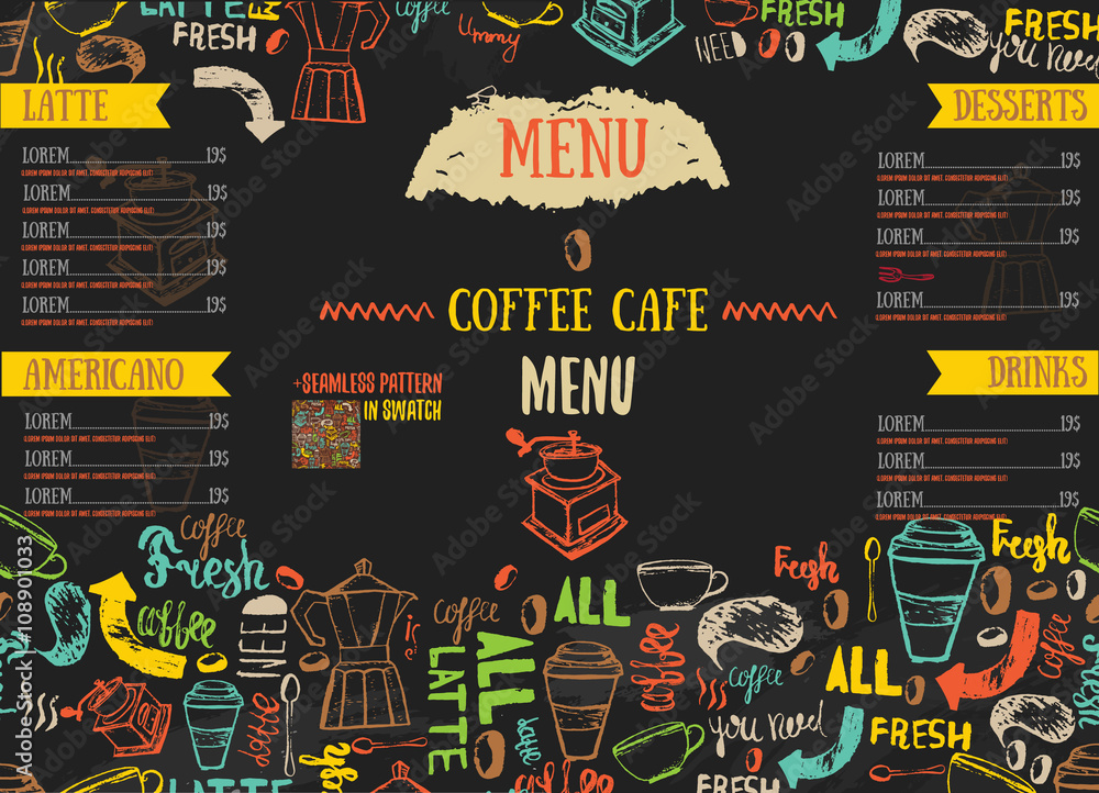 Vecor Bistro restaurant menu design with hand drawn lettering on dark color.
