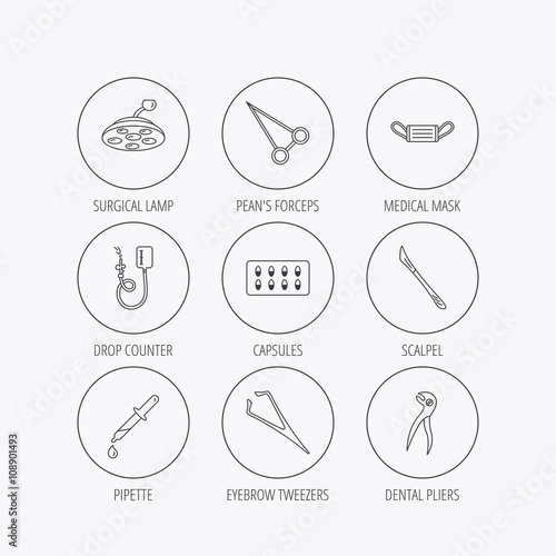 Medical mask, capsules and dental pliers icons.