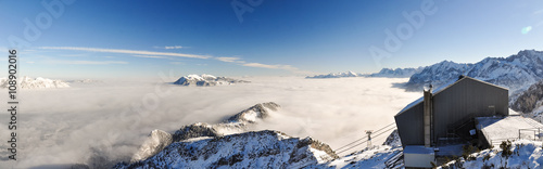 XXL Panorama - Winter view from a viewing platform on Osterfelderkopf near Germany's highest mountain (Zugspitze, 2962m).   From the platform you can see the top station of the cable car Alpspitzbahn. © Juergen Wallstabe