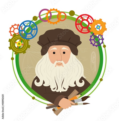 Leonardo Da Vinci Cartoon - Cute cartoon of Leonardo Da Vinci holding brushes, pencil and a ruler. With a green circled frame and colorful gears around him. Eps10