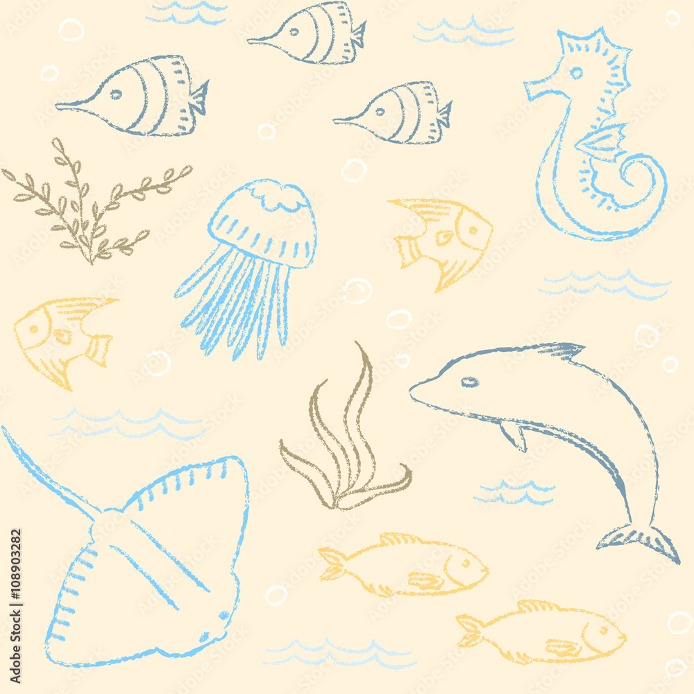 Naklejka premium Sealife hand drawn seamless pattern