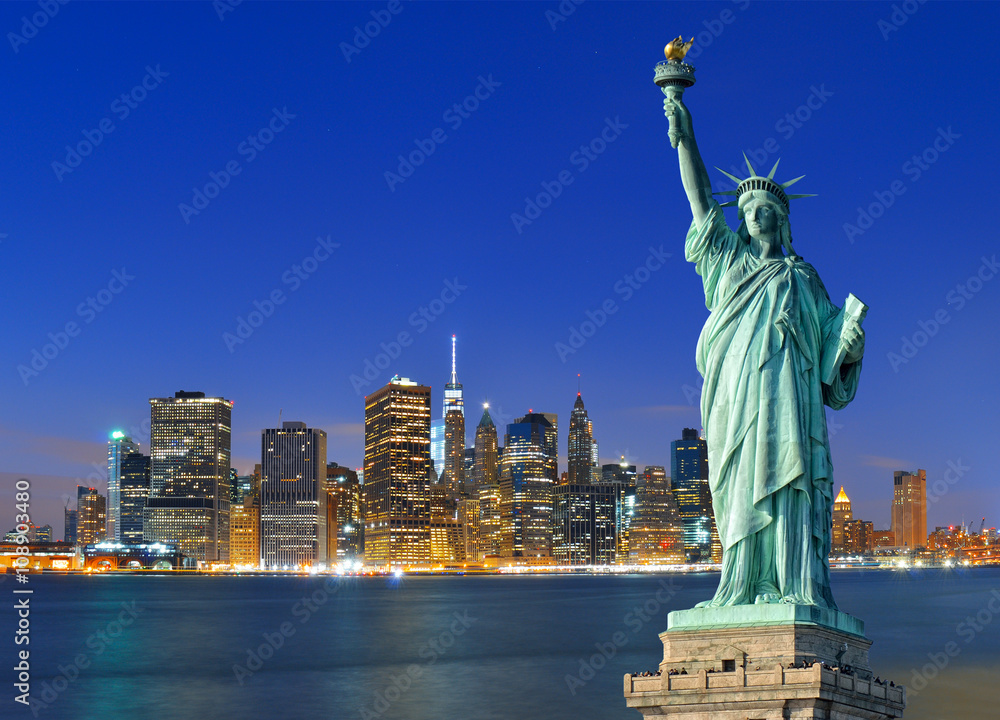 Obraz premium Manhattan nocą i Statua Wolności.