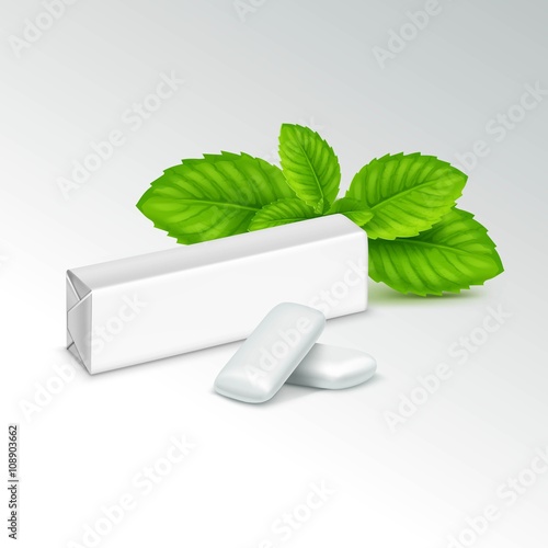 Vector Pack of Chewing Gum with Fresh Mint Leaves Isolated