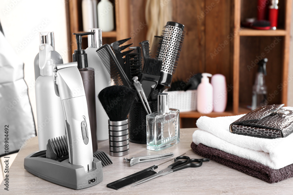 Professional hairdresser tools on table Professional hairdresser tools on table