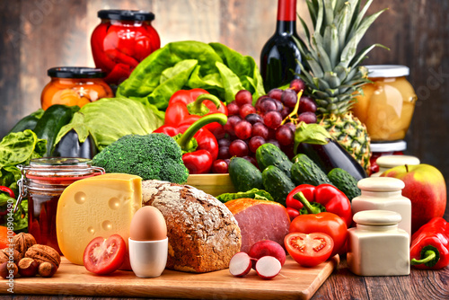 Fototapeta Naklejka Na Ścianę i Meble -  Organic food including vegetables fruit bread dairy and meat