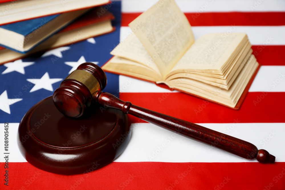 Judge gavel on American flag background