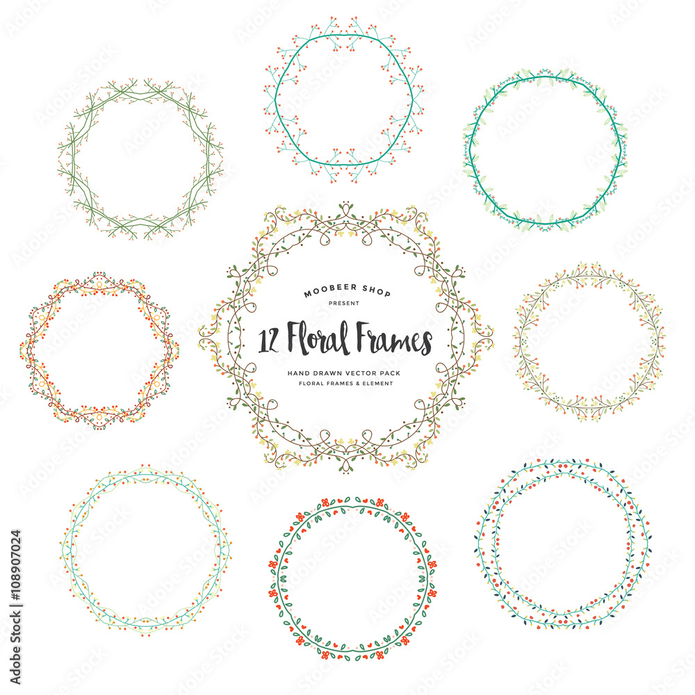 Floral Frame Collection. Set of cute retro flowers arranged un a shape of the wreath perfect for thank you card wedding invitations and birthday cards Floral Frame Collection. Set of cute retro flowers arranged un a shape of the wreath perfect for thank you card wedding invitations and birthday cards