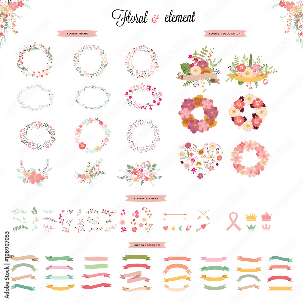 Wedding elements collection. Hand drawn floral set with frames. flowers, leaves and ribbons. Vector elements for card. Save the Date and Invitation. Wedding elements collection. Hand drawn floral set with frames. flowers, leaves and ribbons. Vector elements for card. Save the Date and Invitation.
