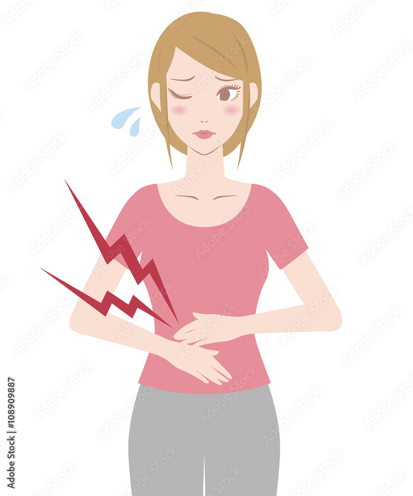 young woman who have a stomachache or period pain, illustration like handwriting young woman who have a stomachache or period pain, illustration like handwriting