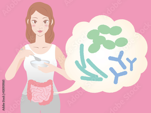 young woman who eats yogurt,probiotics image visual, vector illustration