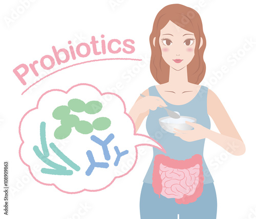 young woman who eats yogurt, probiotics image visual, vector illustration photo
