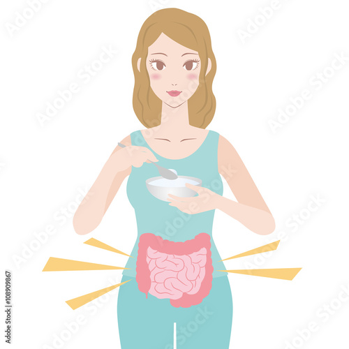 young woman who eats yogurt, probiotics image visual, vector illustration