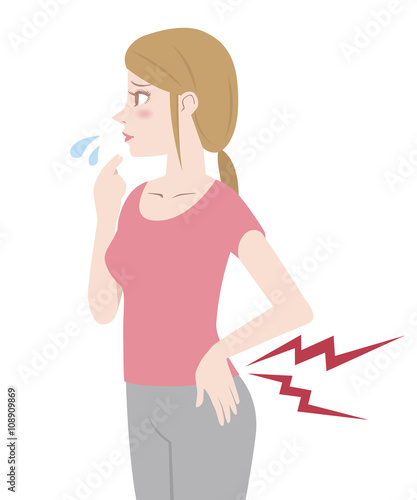 young woman who have a backache, side view, illustration like handwriting