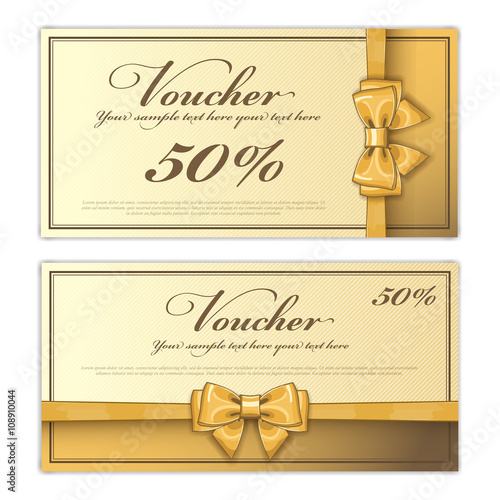 Gift discount voucher template, vector layout. Special offer coupon. Business voucher layout with gift bow gold. Vintage style.