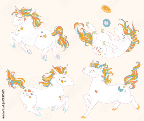 Pattern with cute unicorns  stars  hearts  clouds  rainbow and cakes  donuts. Magic background with little unicorns. Hand drawn colorful vector illustration. Unicorns colored collection.