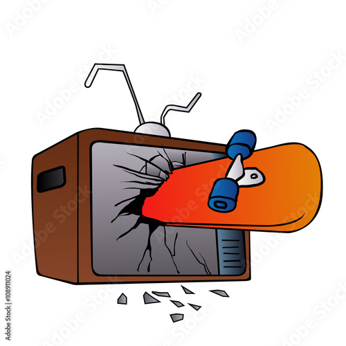 broken tv screen with skateboard